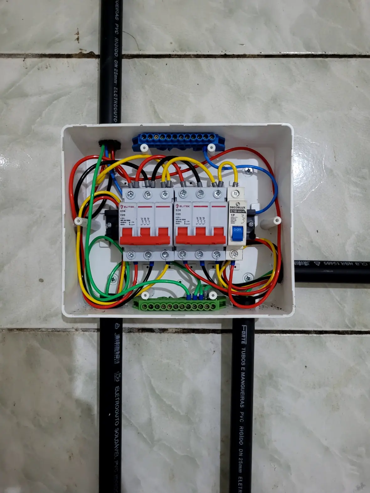 Caixa de passagem e disjuntores com fios padronizados